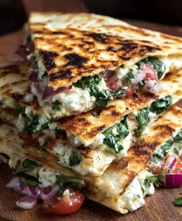 Mediterranean Quesadillas with Spinach, Feta, Mozzarella, and Red Onion