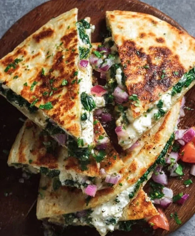 Mediterranean Quesadillas with Spinach, Feta, Mozzarella, and Red Onion
