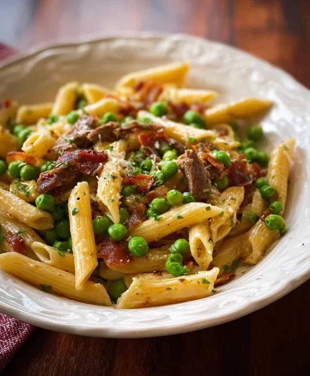 Penne Pasta, Peas and Beef Beef Bacon