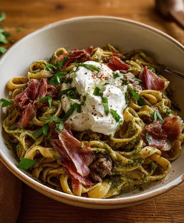 Creamy Basil and Garlic Pasta with Beef Beef Prosciutto and Burrata — Inspired With A Twist