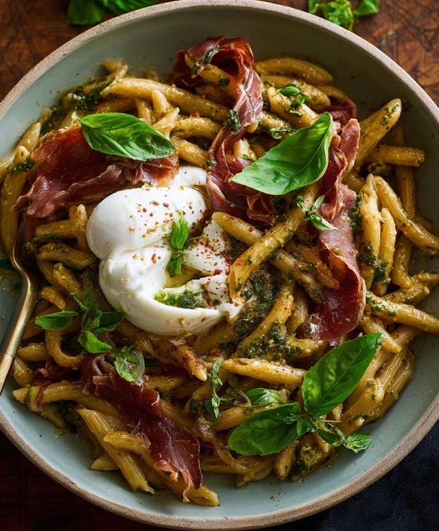 Creamy Basil and Garlic Pasta with Beef Beef Prosciutto and Burrata — Inspired With A Twist