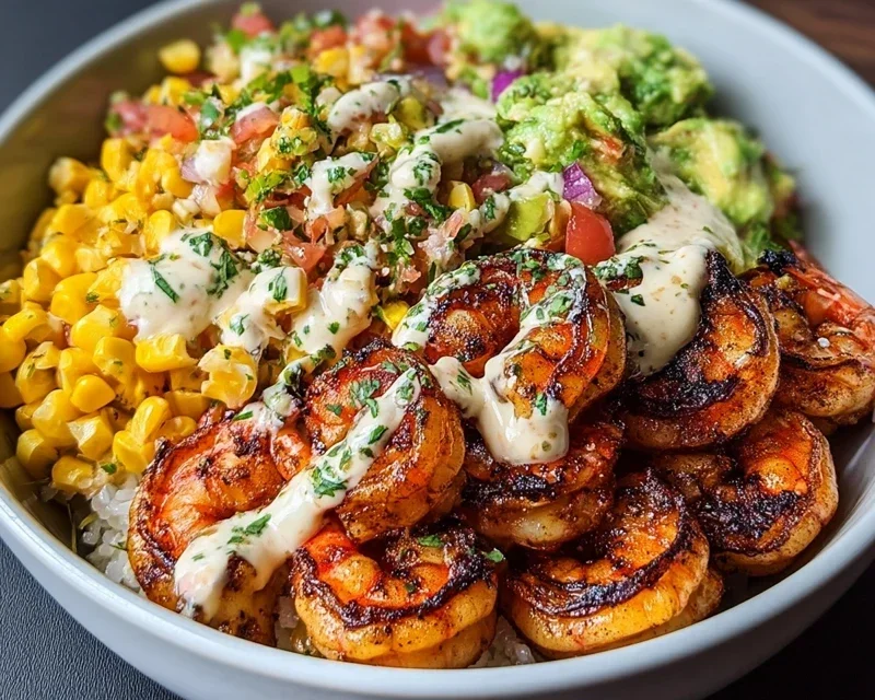 Grilled Shrimp Bowl with Avocado, Corn Salsa & Creamy Garlic Sauce
