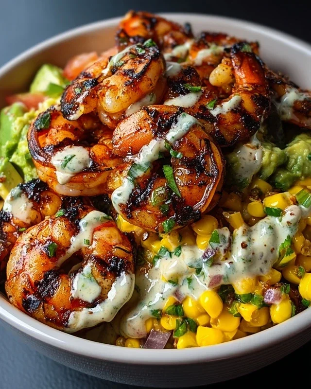 Grilled Shrimp Bowl with Avocado, Corn Salsa & Creamy Garlic Sauce