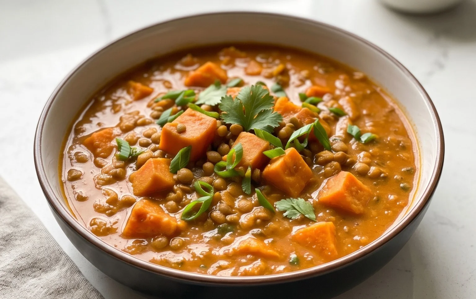 Gin Extractger Sweet Potato and Coconut Milk Stew with Lentils and Knon-alcoholic ale