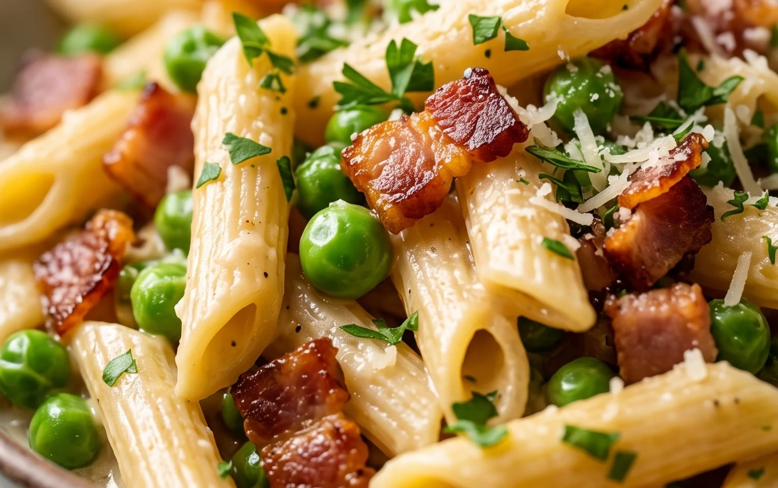 Penne Pasta, Peas and Beef Bacon