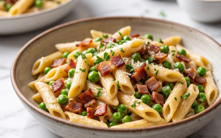 Penne Pasta, Peas and Beef Bacon