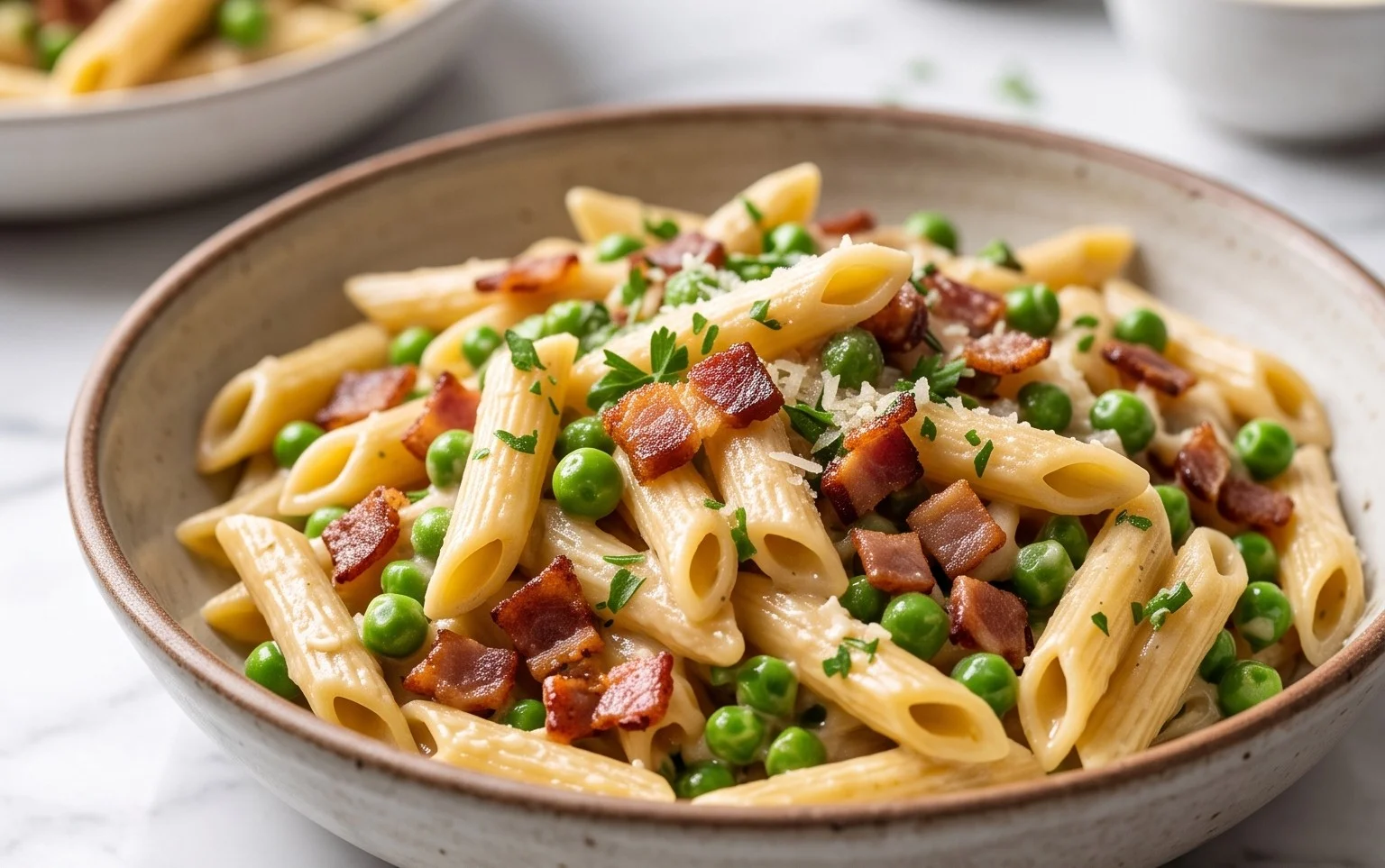 Penne Pasta, Peas and Beef Bacon
