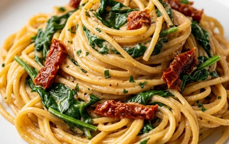Spaghetti & Spinach with Sun-Dried Tomato Cream Sauce