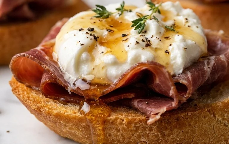 Beef Prosciutto Crostini with Burrata and Lemon Honey Drizzle