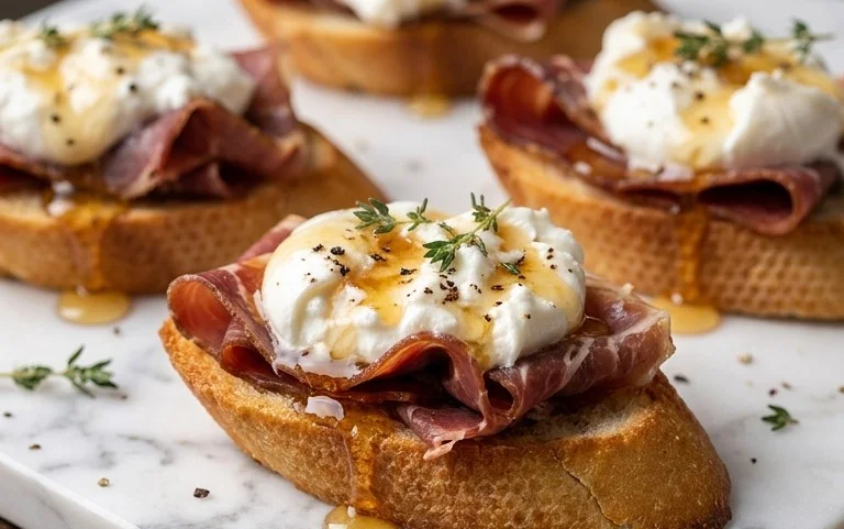 Beef Prosciutto Crostini with Burrata and Lemon Honey Drizzle